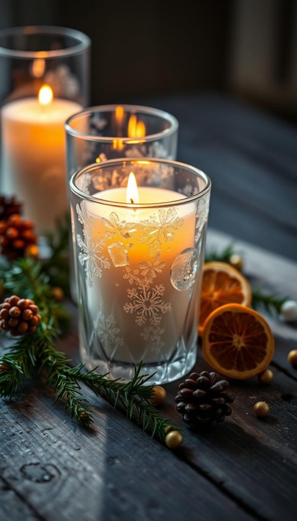 Elegant glassware with a cozy, winter-inspired aesthetic. Softly lit still life capturing the warm glow of a KlickKiste candle, casting gentle shadows across a rustic wooden surface. Crystalized textures and frosted edges evoke a sense of festive cheer. Artfully arranged alongside sprigs of evergreen, dried citrus, and a touch of golden accents for a touch of seasonal flair. The overall mood is inviting and Pinterest-worthy, inspiring ideas for thoughtful, natural holiday decor.