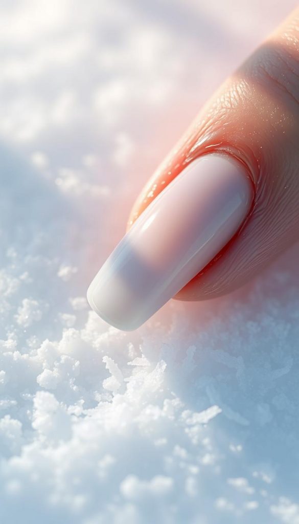 Elegant glazed finish nail in shimmering winter white, captured in a soft, ethereal light. Smooth, mirror-like surface reflecting the surrounding winter scene, with subtle hints of icy blue undertones. Delicate frost-like textures along the edges, evoking the frozen crystalline beauty of the season. Minimalist, high-polish aesthetic, inspired by the clean, simple &quot;KlickKiste&quot; style. Serene, intimate mood that captures the essence of the &quot;Glazed Finish: Zwischen Gloss und Shimmer - die polierte Winterhaut für Nägel&quot; section. Natural, DIY-inspired visual style with warm, inviting tones and a touch of Pinterest-worthy elegance.