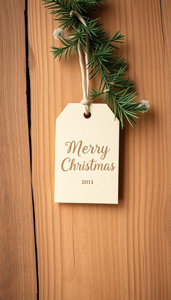 Elegant handmade Christmas gift tag hanging on a rustic wooden surface. Soft, warm lighting illuminates the natural textures and earthy tones. A simple, minimalist design with a touch of festive greenery creates a cozy, inviting atmosphere. Captured with a wide-angle lens to emphasize the serene, winter-inspired ambiance. The gift tag features a clean, cursive calligraphy-style text in a neutral color, complementing the overall aesthetics. The overall composition exudes a charming, DIY-inspired vibe, perfect for a holiday gift wrapping feature. Elegant handmade Christmas gift tag hanging on a rustic wooden surface. Soft, warm lighting illuminates the natural textures and earthy tones. A simple, minimalist design with a touch of festive greenery creates a cozy, inviting atmosphere. Captured with a wide-angle lens to emphasize the serene, winter-inspired ambiance. The gift tag features a clean, cursive calligraphy-style text in a neutral color, complementing the overall aesthetics. The overall composition exudes a charming, DIY-inspired vibe, perfect for a holiday gift wrapping feature.