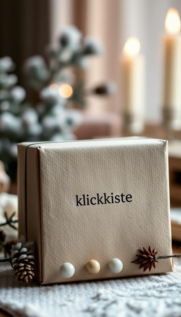 Elegant rectangular gift box with natural, handmade appearance. Soft, muted winter tones with warm lighting. Textured, artisanal packaging adorned with KlickKiste brand logo. Positioned in foreground, with blurred natural elements in the background. Inspirational, cozy atmosphere that evokes a sense of homemade charm and Pinterest-worthy style. Carefully composed to highlight the gift box as the focal point.