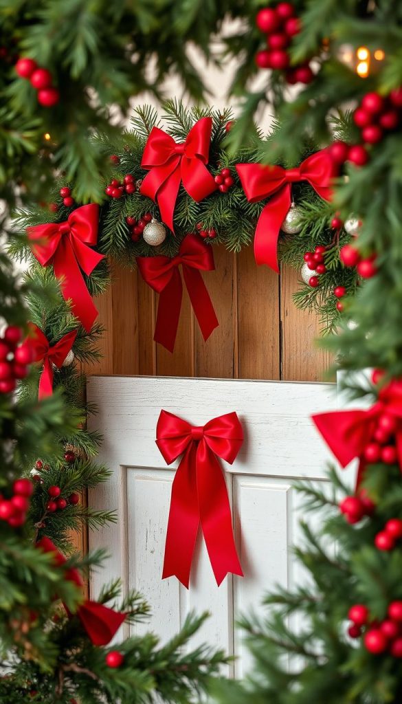Elegant red bows adorning a rustic KlickKiste, creating a cozy winter wonderland. Lush evergreen foliage frames the scene, while soft, warm lighting casts a gentle glow. Delicate berries and subtle ornaments add a touch of natural elegance. The composition is balanced and inviting, capturing the essence of a charming DIY project. Exuding a sense of festive cheer and Pinterest-worthy style, this image embodies the spirit of the &quot;Kleine DIYs mit großer Wirkung: Bows, Berries, Ornaments&quot; section.