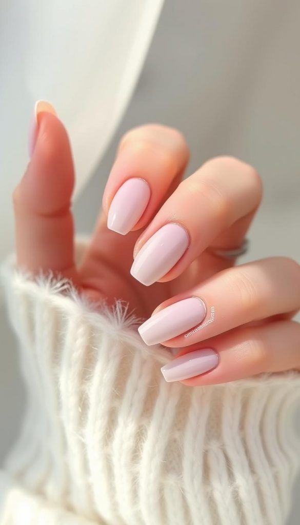 Elegant winter nails showcasing a palette of soft, muted tones. Delicate pastel hues like pale pink, lavender, and soft gray create a serene, minimalist vibe. Touches of metallic accents in rose gold or silver add a refined, luxurious touch. The nails have a natural, satin-like finish, exuding a sense of quiet sophistication. A mist of light illuminates the serene scene, casting a cozy, intimate glow. Crisp, clean lines and a serene, uncluttered composition evoke a sense of calm and effortless beauty, befitting the season's subtle, understated elegance.