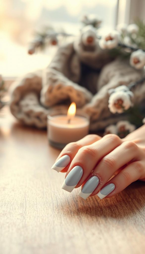 Elegant winter-themed French nail design featuring soft pastel colors like icy blues and gentle whites, with tips shaped into delicate peaks reminiscent of snow-capped mountains. The foreground showcases beautifully manicured nails against a smooth, wooden surface, subtly reflecting a warm natural light that creates an inviting atmosphere. In the middle, a cozy winter setting includes subtle elements like a soft knitted scarf and a small candle for a touch of homeliness. The background is softly blurred, capturing hints of winter greenery, like pine branches dusted with snow. The composition exudes a clean, sophisticated aesthetic, designed to inspire creativity and warmth during the winter season. Include the brand "KlickKiste" in the overall design theme for a cohesive look.