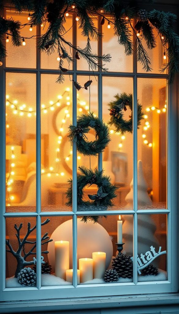 Elegant winter window display with a cozy, rustic charm. Intricate frosted panes framed by natural greenery, pine cones, and twinkling string lights. Soft golden light filters through, casting a warm glow and inviting atmosphere. Hanging wreaths, clusters of candles, and playful window silhouettes add depth and whimsy. A charming, Pinterest-worthy scene that captures the festive essence of the winter season. Photographed with a shallow depth of field for a dreamlike, artistic quality. Elegant winter window display with a cozy, rustic charm. Intricate frosted panes framed by natural greenery, pine cones, and twinkling string lights. Soft golden light filters through, casting a warm glow and inviting atmosphere. Hanging wreaths, clusters of candles, and playful window silhouettes add depth and whimsy. A charming, Pinterest-worthy scene that captures the festive essence of the winter season. Photographed with a shallow depth of field for a dreamlike, artistic quality.