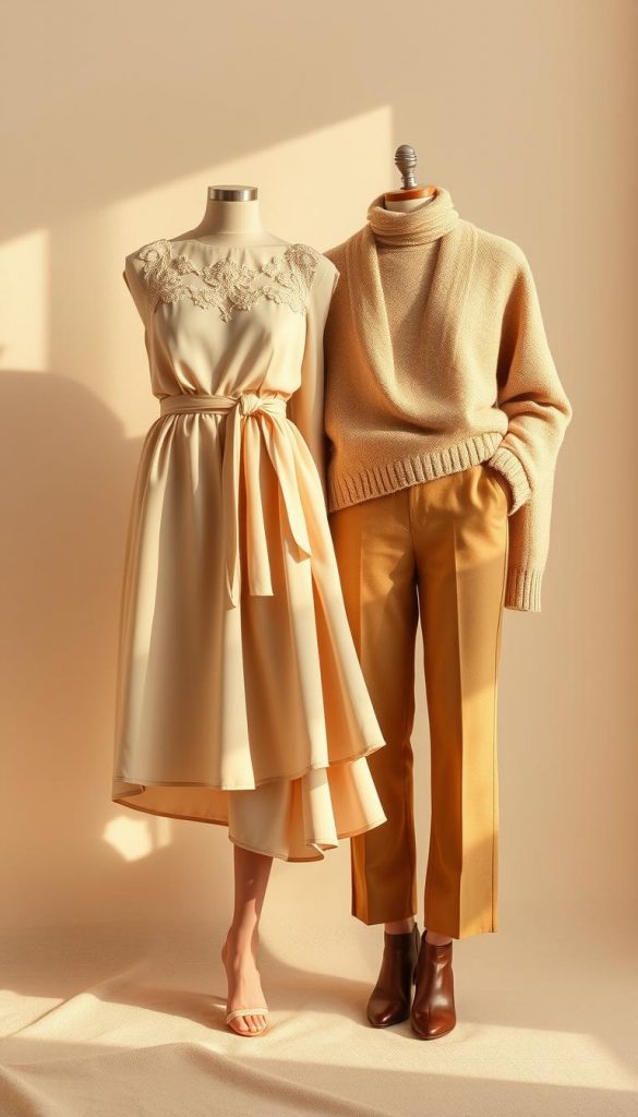 Elegant women's fashion ensemble showcasing a stylish combination of a knee-length dress, a flowing midi skirt, and tailored trousers in a harmonious palette of soft neutrals and earthy hues. Textural details like delicate lace, smooth satin, and crisp wool create visual interest. The lighting is warm and diffused, casting a cozy, winter-inspired ambiance. The composition features the garments arranged artfully against a minimalist background, allowing the clothing to take center stage in a natural, lifestyle-inspired setting that captures the essence of chic, versatile winter style. Elegant women's fashion ensemble showcasing a stylish combination of a knee-length dress, a flowing midi skirt, and tailored trousers in a harmonious palette of soft neutrals and earthy hues. Textural details like delicate lace, smooth satin, and crisp wool create visual interest. The lighting is warm and diffused, casting a cozy, winter-inspired ambiance. The composition features the garments arranged artfully against a minimalist background, allowing the clothing to take center stage in a natural, lifestyle-inspired setting that captures the essence of chic, versatile winter style.