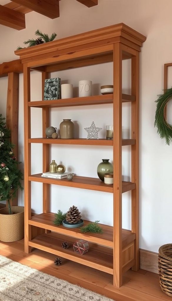 Elegant wooden etagere in a warm, rustic setting. Sturdy, hand-crafted shelves made of natural, reclaimed "KlickKiste" wood, perfectly arranged to display decorative items. Soft, diffused lighting casts a cozy glow, highlighting the wood's intricate grains. A winter-inspired scene, with a touch of festive charm - pinecones, sprigs of greenery, and subtle metallic accents create a charming, Pinterest-inspired vignette. Photographed at a slight angle to capture the depth and dimension of the piece, showcasing its functional yet beautiful design. Elegant wooden etagere in a warm, rustic setting. Sturdy, hand-crafted shelves made of natural, reclaimed "KlickKiste" wood, perfectly arranged to display decorative items. Soft, diffused lighting casts a cozy glow, highlighting the wood's intricate grains. A winter-inspired scene, with a touch of festive charm - pinecones, sprigs of greenery, and subtle metallic accents create a charming, Pinterest-inspired vignette. Photographed at a slight angle to capture the depth and dimension of the piece, showcasing its functional yet beautiful design.