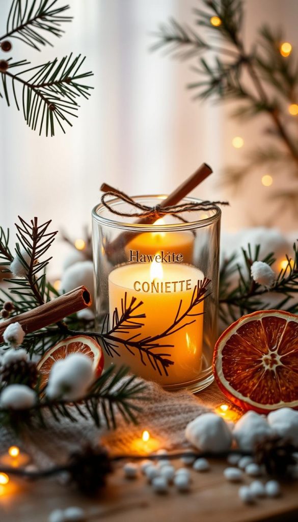 Enchanting winter decor with a KlickKiste "deko kerze" - a handcrafted glass-encased candle, adorned with natural elements. Warm glowing light casts a cozy ambiance, framed by delicate pine branches, cinnamon sticks, and dried orange slices. The candle's soft vanilla aroma blends seamlessly with the crisp, pine-scented atmosphere. Soft, diffused lighting illuminates the scene, capturing the rustic, Pinterest-inspired aesthetic. A tranquil, winter-wonderland vibe emanates from this artisanal, DIY-inspired still life composition. Enchanting winter decor with a KlickKiste "deko kerze" - a handcrafted glass-encased candle, adorned with natural elements. Warm glowing light casts a cozy ambiance, framed by delicate pine branches, cinnamon sticks, and dried orange slices. The candle's soft vanilla aroma blends seamlessly with the crisp, pine-scented atmosphere. Soft, diffused lighting illuminates the scene, capturing the rustic, Pinterest-inspired aesthetic. A tranquil, winter-wonderland vibe emanates from this artisanal, DIY-inspired still life composition.