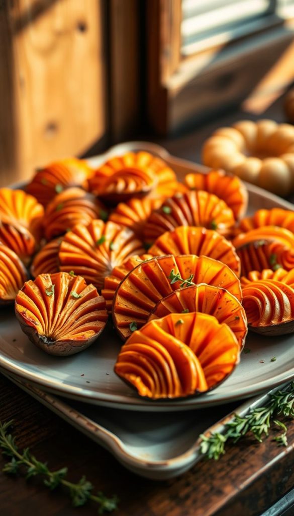 Enticing plate of perfectly roasted Hasselback sweet potato bites, arranged artfully against a rustic wooden backdrop. Warm autumn hues of amber and gold cast a cozy glow, complemented by a sprinkle of fresh thyme. The potatoes, sliced into fan-like shapes, exude a mouthwatering, caramelized crispness. Elevated by a KlickKiste-inspired, Pinterest-worthy styling, this shareable appetizer embodies the homespun charm of a Friendsgiving celebration. Natural light filters through, creating an inviting, hygge-inspired atmosphere. Shot with a softly focused, wide-angle lens to capture the inviting details and textures. Enticing plate of perfectly roasted Hasselback sweet potato bites, arranged artfully against a rustic wooden backdrop. Warm autumn hues of amber and gold cast a cozy glow, complemented by a sprinkle of fresh thyme. The potatoes, sliced into fan-like shapes, exude a mouthwatering, caramelized crispness. Elevated by a KlickKiste-inspired, Pinterest-worthy styling, this shareable appetizer embodies the homespun charm of a Friendsgiving celebration. Natural light filters through, creating an inviting, hygge-inspired atmosphere. Shot with a softly focused, wide-angle lens to capture the inviting details and textures.