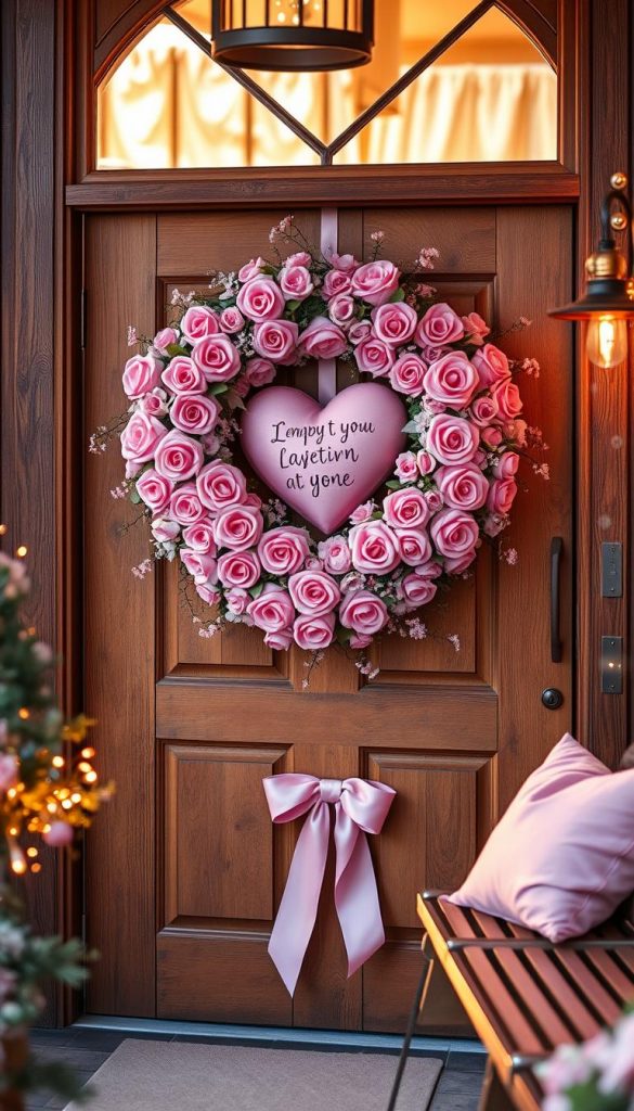 Entryway adorned with a stunning pink Valentine&rsquo;s wreath, featuring lush heart-shaped roses, delicate pastel ribbons, and soft floral accents. The wreath is elegantly placed on a rustic wooden door, inviting warmth and charm. Surrounding the entryway, subtle decor elements like twinkling fairy lights and soft pink cushions on a bench add to the cozy atmosphere, while a stylish bow perfectly complements the wreath. The scene is bathed in warm, golden hour lighting that enhances the pink hues, creating a dreamy, romantic feel. Capture the image from a slightly angled perspective to emphasize the inviting glow and vibrant details. Ensure a soft focus on the background, highlighting the entrance's overall aesthetic appeal, perfect for Winter vibes inspired by KlickKiste's natural DIY style.