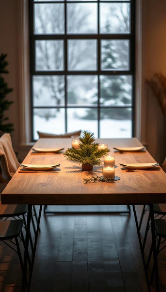 Esstisch with a minimalist rustic design, featuring a solid oak tabletop and elegant black metal legs. The table is set with an array of natural elements, including a simple pine centerpiece, a few tealight candles, and a sprig of fresh greenery. The lighting is warm and ambient, casting a cozy glow over the scene. In the background, a soft-focus winter landscape is visible through a large window, adding to the serene and inviting atmosphere. The overall mood is one of simple elegance and a touch of seasonal charm, perfect for a cozy evening gathering.