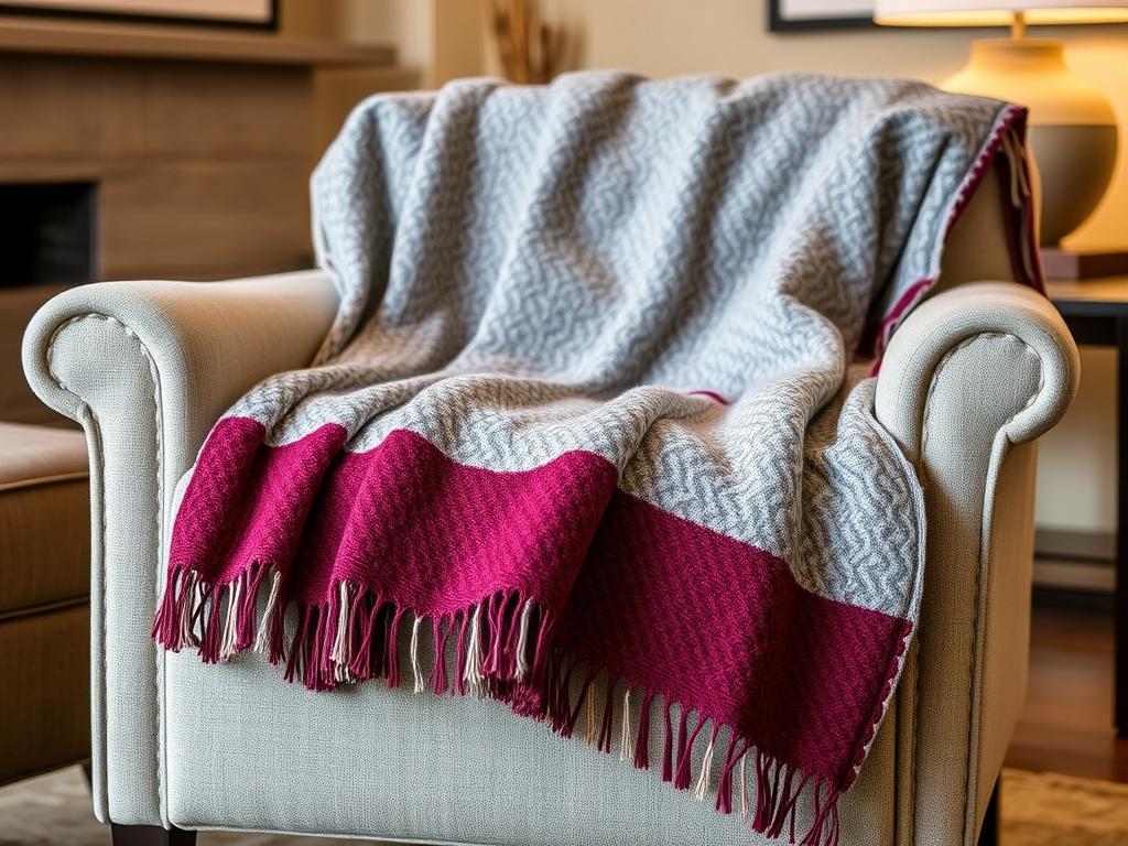 Estancia ALPACA BLEND Überwurf in Grau/Weinrot auf einem Sessel drapiert