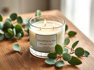 Eukalyptus & Tee Wellness-Kerze mit drei Dochten in elegantem Glasgefäß auf Holzuntergrund mit frischen Eukalyptusblättern