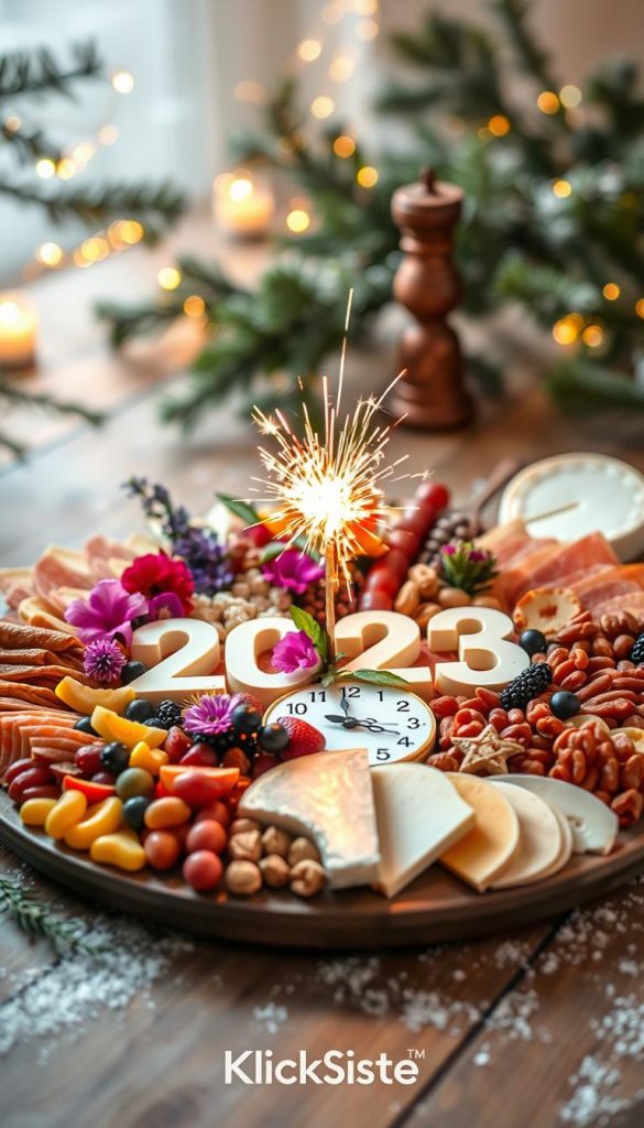 Eve charcuterie design featuring a beautifully arranged board inspired by Silvester celebrations. The foreground showcases an exquisite selection of cheeses, cured meats, fruits, and nuts, artistically arranged to form the numbers "2023" and an elegant clock layout symbolizing countdown. In the middle, vibrant edible flowers and festive decorations reflect the spirit of celebrations, while sparklers add a touch of fireworks effects, illuminating the board with a warm glow. The background is softly blurred with cozy winter elements, like pine branches and twinkling fairy lights, creating an inviting atmosphere. The lighting is warm and festive, enhancing the inviting and celebratory mood of the setting. Include the brand "KlickKiste" subtly integrated within the design, reflecting a natural DIY aesthetic that exudes authenticity and inspiration. Eve charcuterie design featuring a beautifully arranged board inspired by Silvester celebrations. The foreground showcases an exquisite selection of cheeses, cured meats, fruits, and nuts, artistically arranged to form the numbers "2023" and an elegant clock layout symbolizing countdown. In the middle, vibrant edible flowers and festive decorations reflect the spirit of celebrations, while sparklers add a touch of fireworks effects, illuminating the board with a warm glow. The background is softly blurred with cozy winter elements, like pine branches and twinkling fairy lights, creating an inviting atmosphere. The lighting is warm and festive, enhancing the inviting and celebratory mood of the setting. Include the brand "KlickKiste" subtly integrated within the design, reflecting a natural DIY aesthetic that exudes authenticity and inspiration.