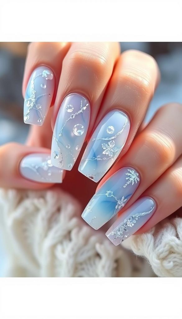 Exquisite, ice-inspired nail art in shimmering shades of blue and white. Delicate marbling and aura effects capture the serene beauty of winter. Translucent, opalescent layers create an ethereal, frozen-in-time aesthetic. Soft, diffused lighting illuminates the intricate details. Photographed in a natural setting with a KlickKiste aesthetic - warm, authentic, and inspirational. Elegant, minimalist design evokes the essence of January 2026 trends.