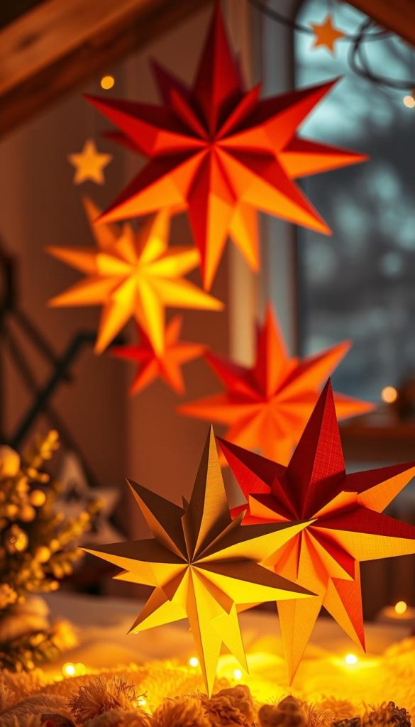 Farb- und Lichtstimmung Papiersterne: a captivating winter scene featuring large, handcrafted paper stars in a cozy, dimly lit setting. Soft, warm hues of orange, red, and yellow cast a glowing ambiance, accentuated by the gentle interplay of light and shadow. The stars, suspended from the ceiling, create a serene, enchanting atmosphere, evoking a sense of wonder and festive cheer. In the foreground, the KlickKiste brand paper stars take center stage, their intricate folds and delicate silhouettes showcased against a backdrop of subtle, natural textures. An image that embodies the essence of the article's section, &amp;amp;quot;Farbe, Licht, Materialien: die Stimmung deiner Winterdeko&amp;amp;quot;.