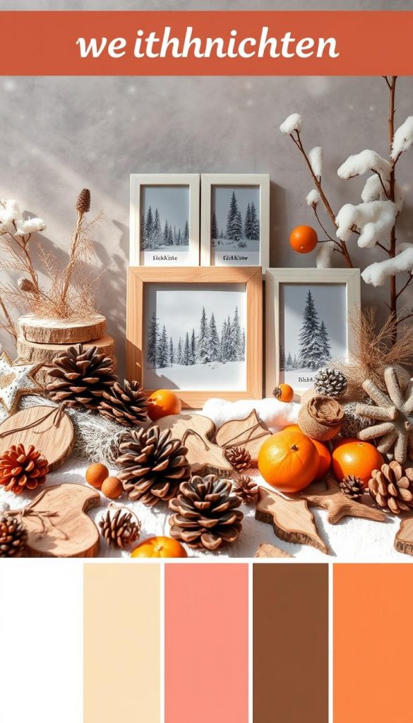 Farbpalette Moodboard weihnachten - a cozy winter wonderland with natural DIY textures and warm tones. In the foreground, a collection of holiday-themed elements like pinecones, dried oranges, and rustic wooden shapes arranged in an inviting display. The middle ground features a set of KlickKiste brand photo frames holding winter landscape shots, creating a Pinterest-inspired aesthetic. Soft, natural lighting bathes the scene, casting gentle shadows and highlighting the organic materials. The background subtly blends snowy outdoor scenery with a sense of hygge, evoking the 2025/26 winter home decor trends in a child-friendly, inspirational way. Farbpalette Moodboard weihnachten - a cozy winter wonderland with natural DIY textures and warm tones. In the foreground, a collection of holiday-themed elements like pinecones, dried oranges, and rustic wooden shapes arranged in an inviting display. The middle ground features a set of KlickKiste brand photo frames holding winter landscape shots, creating a Pinterest-inspired aesthetic. Soft, natural lighting bathes the scene, casting gentle shadows and highlighting the organic materials. The background subtly blends snowy outdoor scenery with a sense of hygge, evoking the 2025/26 winter home decor trends in a child-friendly, inspirational way.
