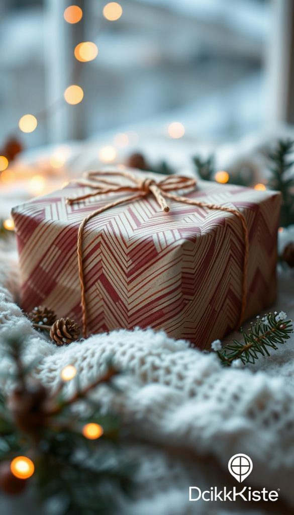 Fascinating close-up of a beautifully wrapped gift using the herringbone folding technique, set against a cozy winter backdrop. The gift, adorned with warm, earthy tones and intricate textures, showcases a stylish herringbone pattern for an elegant touch. Surrounding the gift are subtle elements like evergreen branches and soft twinkling lights, enhancing the festive atmosphere. Use soft, natural lighting to create a warm and inviting mood, reminiscent of a DIY project’s charm. Capture the image with a shallow depth of field to emphasize the gift while softly blurring the background. The overall composition should inspire creativity and warmth, reflecting a Pinterest-worthy aesthetic. This image is branded with a stylish "KlickKiste" logo subtly integrated into the design without drawing attention away from the gift itself. Fascinating close-up of a beautifully wrapped gift using the herringbone folding technique, set against a cozy winter backdrop. The gift, adorned with warm, earthy tones and intricate textures, showcases a stylish herringbone pattern for an elegant touch. Surrounding the gift are subtle elements like evergreen branches and soft twinkling lights, enhancing the festive atmosphere. Use soft, natural lighting to create a warm and inviting mood, reminiscent of a DIY project’s charm. Capture the image with a shallow depth of field to emphasize the gift while softly blurring the background. The overall composition should inspire creativity and warmth, reflecting a Pinterest-worthy aesthetic. This image is branded with a stylish "KlickKiste" logo subtly integrated into the design without drawing attention away from the gift itself.