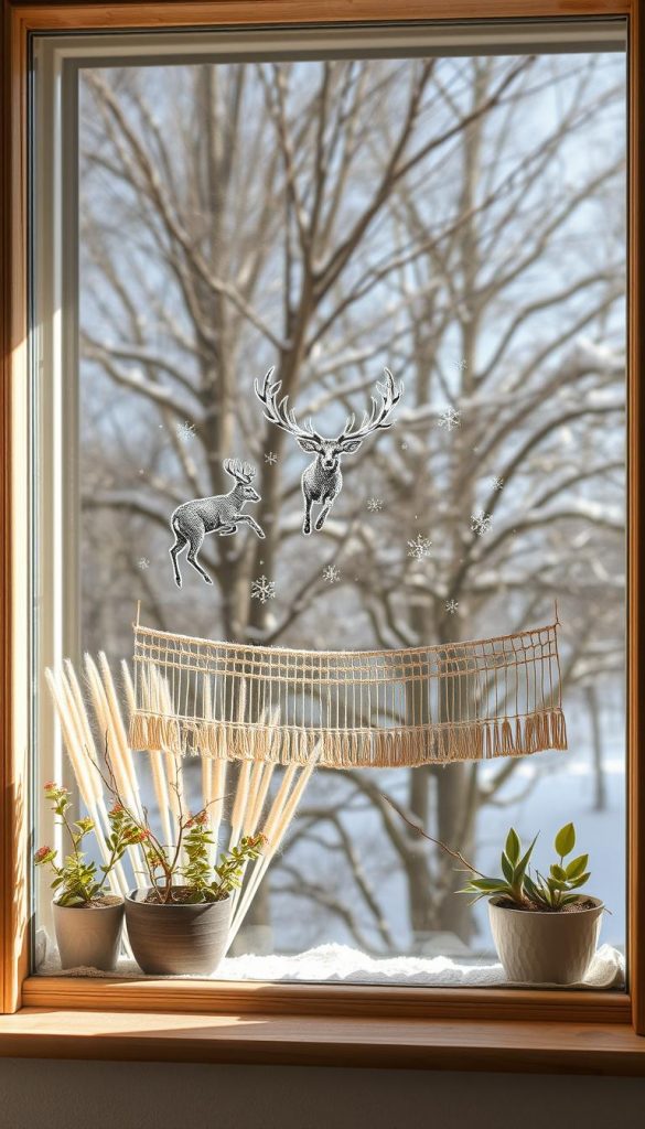 Fenster umrahmt, mit Rahmen aus hellem Holz, Fenstersims bepflanzt mit Sukkulenten. Milchige Glasflächen, weiche natürliche Beleuchtung von außen flutet den Raum. Darauf projiziert: Kreidestift-Zeichnungen von Zweigen und Wintermotiven, elegant und minimalistisch. Ein Fadenvorhang webt zarte Strukturen vor der Fensterfläche, rhythmische Linien und Schatten. Warme, erdige Farbpalette, Winterstimmung mit Naturtönen. Authentische, DIY-inspirierte Atmosphäre, stimmungsvoller Pinterest-Look. Fenster umrahmt, mit Rahmen aus hellem Holz, Fenstersims bepflanzt mit Sukkulenten. Milchige Glasflächen, weiche natürliche Beleuchtung von außen flutet den Raum. Darauf projiziert: Kreidestift-Zeichnungen von Zweigen und Wintermotiven, elegant und minimalistisch. Ein Fadenvorhang webt zarte Strukturen vor der Fensterfläche, rhythmische Linien und Schatten. Warme, erdige Farbpalette, Winterstimmung mit Naturtönen. Authentische, DIY-inspirierte Atmosphäre, stimmungsvoller Pinterest-Look.
