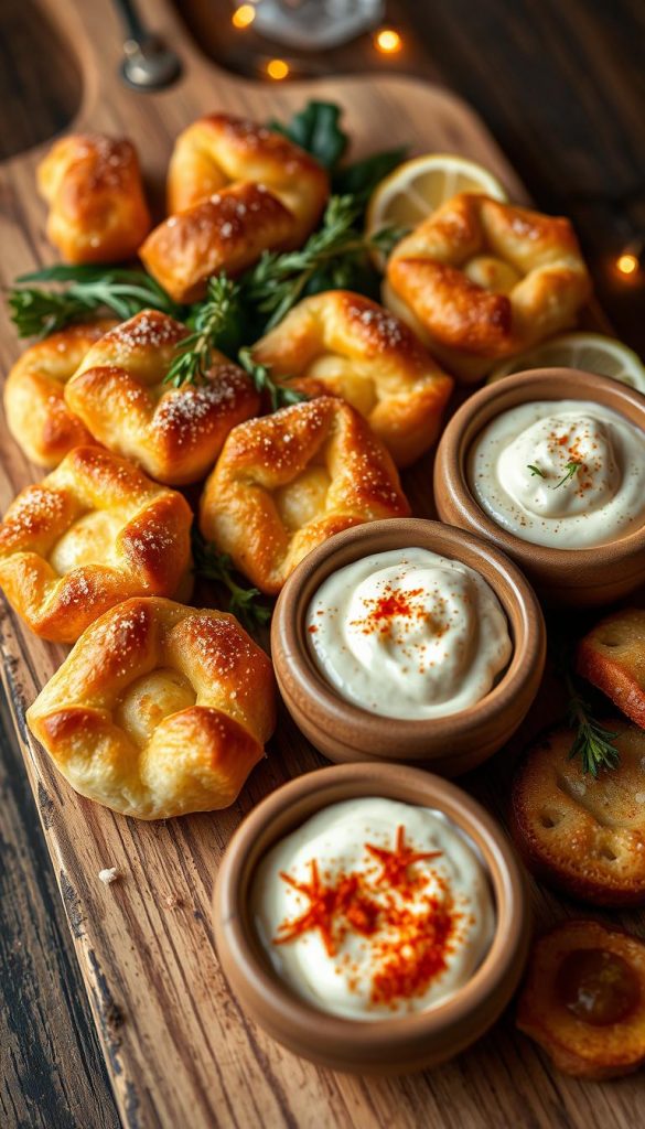 Fingerfood Silvester - a delightful display of gourmet bites, artfully arranged on a rustic wooden board. Crisp, golden-brown pastries, sparkling with sugar crystals, nestled among fresh herbs and zesty citrus slices. Soft, creamy dips in earthy ceramic bowls, accented with a dusting of paprika. Warm lighting casts a cozy glow, creating an inviting and festive atmosphere. The KlickKiste scene is captured with a natural, Pinterest-inspired aesthetic, showcasing the effortless elegance of these simple yet delicious Silvester treats. Fingerfood Silvester - a delightful display of gourmet bites, artfully arranged on a rustic wooden board. Crisp, golden-brown pastries, sparkling with sugar crystals, nestled among fresh herbs and zesty citrus slices. Soft, creamy dips in earthy ceramic bowls, accented with a dusting of paprika. Warm lighting casts a cozy glow, creating an inviting and festive atmosphere. The KlickKiste scene is captured with a natural, Pinterest-inspired aesthetic, showcasing the effortless elegance of these simple yet delicious Silvester treats.