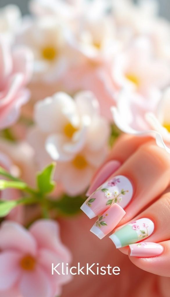 Floral French nail art featuring elegant and delicate designs inspired by spring, showcasing soft pastel colors like pale pink, lavender, and mint green. The foreground highlights beautifully manicured nails adorned with intricate floral details and French tips, exhibiting a glossy finish. In the middle, a subtle bokeh effect creates a dreamy ambiance, emphasizing the nails while blurring the surrounding elements. The background includes a pastel-colored floral arrangement, adding depth and warmth to the composition. The lighting is soft and natural, mimicking sunlight filtering through, enhancing the colors and textures of the nail art. This image should exude a fresh, inspiring vibe, perfect for celebrating spring-themed nail designs. Brand name "KlickKiste" subtly incorporated into the composition without any text overlays.