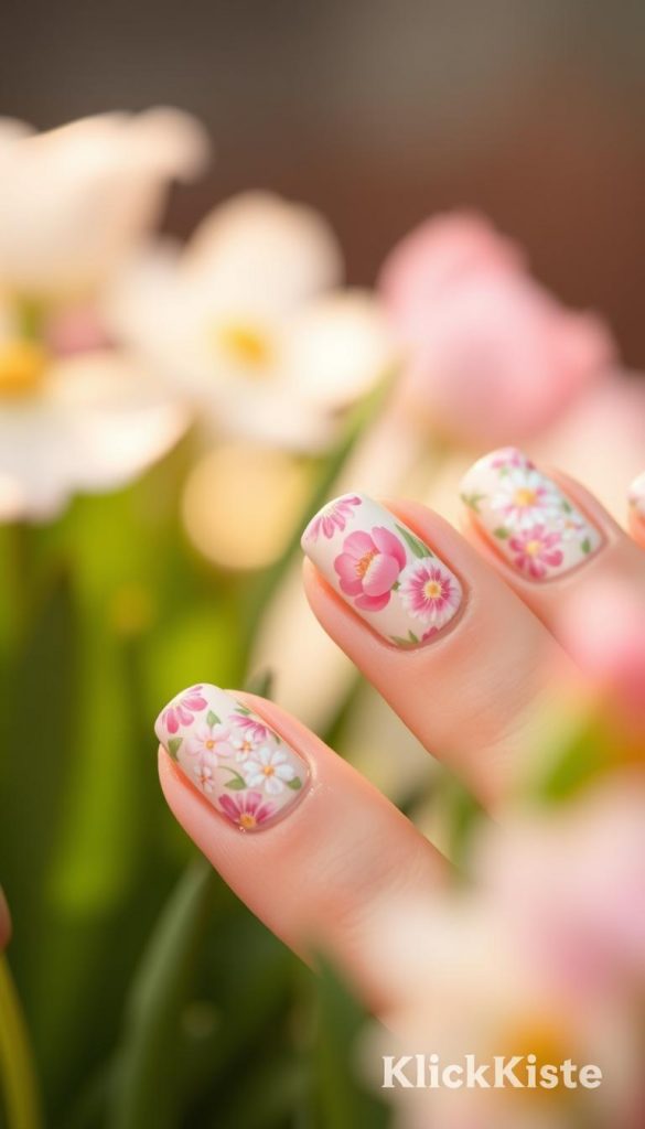Floral spring nail designs featuring delicate patterns of blooming flowers in soft pastel colors. In the foreground, showcase close-up views of neatly manicured nails adorned with intricate floral motifs, including cherry blossoms, daisies, and tulips. The middle ground should feature blurred, lush greenery to create depth, while the background consists of a soft, dreamy bokeh of light, reminiscent of a sunlit garden. The lighting should be warm and soft, evoking a calm, inviting atmosphere typical of springtime. The overall mood is fresh and inspiring, ideal for a DIY aesthetic, reflecting the brand "KlickKiste" with a Pinterest-worthy look. Floral spring nail designs featuring delicate patterns of blooming flowers in soft pastel colors. In the foreground, showcase close-up views of neatly manicured nails adorned with intricate floral motifs, including cherry blossoms, daisies, and tulips. The middle ground should feature blurred, lush greenery to create depth, while the background consists of a soft, dreamy bokeh of light, reminiscent of a sunlit garden. The lighting should be warm and soft, evoking a calm, inviting atmosphere typical of springtime. The overall mood is fresh and inspiring, ideal for a DIY aesthetic, reflecting the brand "KlickKiste" with a Pinterest-worthy look.