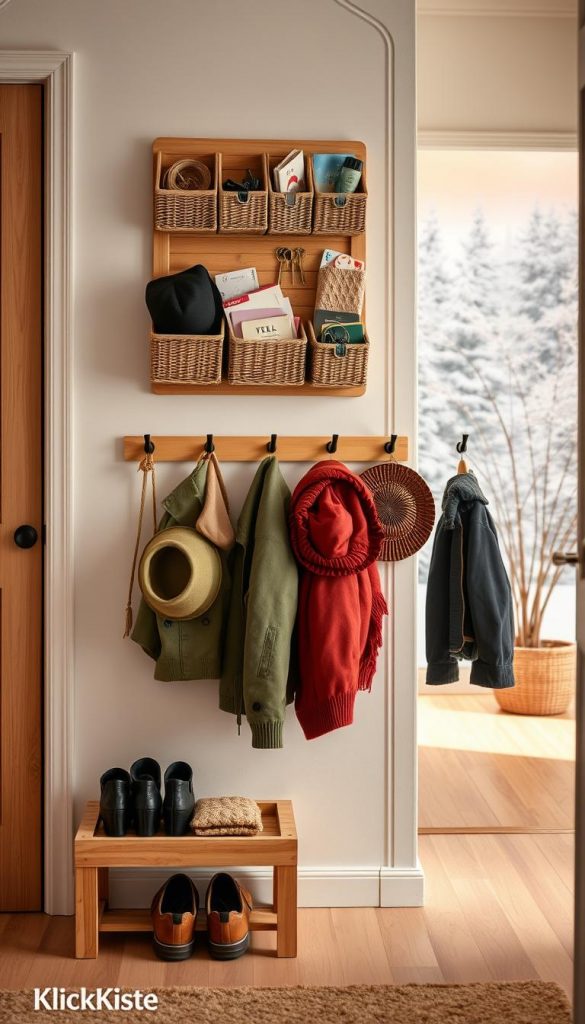 Flur Organizer home featuring a stylish DIY storage solution for a hallway, made of natural materials like wood and woven baskets. In the foreground, showcase a handcrafted wooden coat rack with neatly hung jackets and hats, along with a decorative shoe tray beneath it. The middle layer includes a wall-mounted organizer with small compartments filled with various everyday items, such as keys and mail, showcasing functionality and creativity. The background displays a warm, inviting winter scene with soft, ambient lighting reflecting off the walls. The overall atmosphere is cozy and inspiring, infused with natural colors that evoke Pinterest aesthetics, emphasizing a sense of order and simplicity. Include the brand name "KlickKiste" subtly integrated into the design elements.