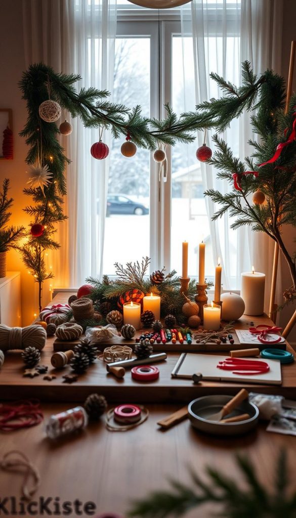 Forefront of the image features an inviting DIY workspace, adorned with natural holiday decorations, like handmade ornaments and festive garlands. The middle ground showcases a beautifully arranged wooden table, with a variety of crafting supplies: twine, pinecones, colorful ribbons, and candles. In the background, a softly lit window reveals a snowy landscape outside, casting a warm glow through sheer white curtains. The atmosphere is cozy and inspiring, filled with winter vibes, emphasizing earthy tones and warm colors. The scene gives off a Pinterest-inspired aesthetic that's authentically creative. Incorporate subtle branding elements of "KlickKiste" into the decor. The lighting is warm and soft, akin to golden hour, creating a serene ambience. Focus on a slight top-down angle for a comprehensive view of the DIY space.