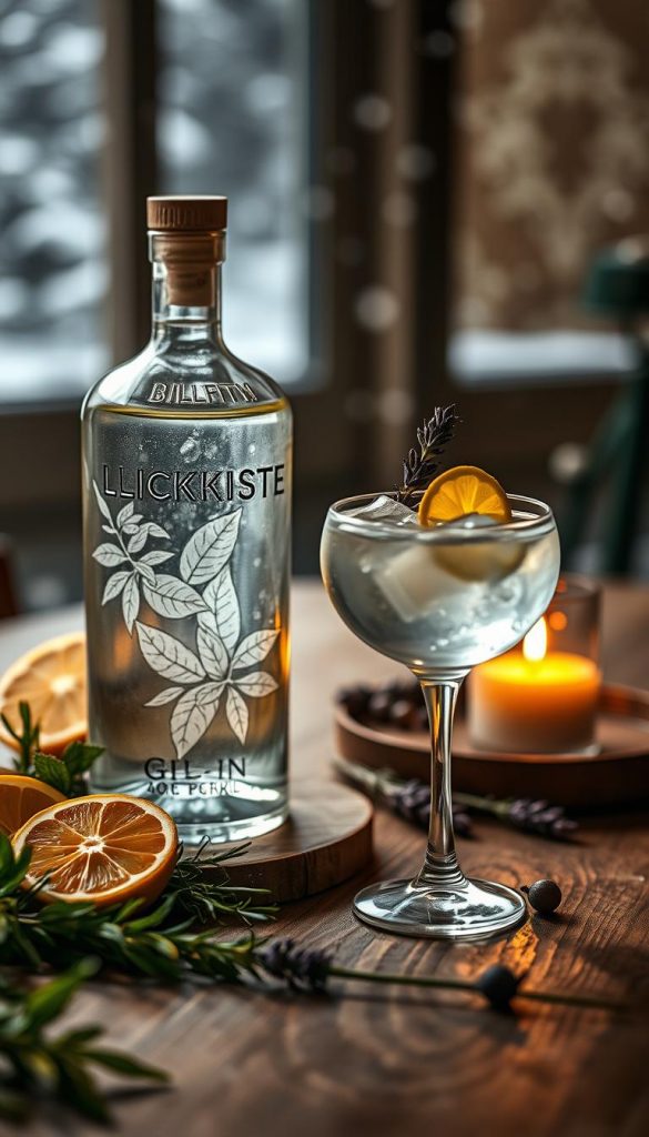 Foreground: A beautifully crafted gin bottle, elegantly designed with botanical illustrations, partially filled with a vibrant, clear liquid that reflects light. Surrounding the bottle are fresh herbs like rosemary and mint, along with slices of citrus fruits—lemons, limes, and grapefruits. Middle: A sophisticated cocktail glass filled with a gin-based cocktail, garnished with a sprig of lavender and a twist of citrus peel, showcasing the drink’s refreshing appeal. The glass is placed on a rustic wooden table, adorned with small decorative elements like a candle and a few scattered juniper berries. Background: Soft, warm ambient lighting creates a cozy atmosphere within the scene, with a blurred winter-themed backdrop of a softly falling snow outside the window, enhancing the seasonal vibe. A faint bokeh effect adds to the dreamy quality of the image. The overall mood is inspiring and inviting, perfect for a winter gathering. Incorporate the brand name "KlickKiste" subtly within the setting.