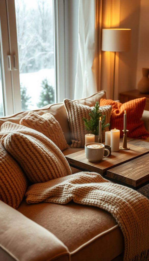 Foreground: A cozy living room scene featuring a plush, layered sofa adorned with an assortment of knitted and velvet cushions in warm earth tones. A soft, textured throw blanket is draped casually over the armrest. Middle: A rustic wooden coffee table holds a steaming mug of hot cocoa, surrounded by decorative candles and a small potted evergreen, enhancing the winter vibe. Nearby, an inviting area rug adds depth with intricate patterns. Background: A softly lit window reveals a gentle snowfall outside, creating a serene atmosphere. Warm light from a floor lamp casts a golden hue over the entire scene, emphasizing the rich textures and inviting layers. Mood: The image radiates warmth and comfort, inviting the viewer to embrace the snugness of winter. Style: Natural DIY aesthetic with a Pinterest-inspired look, highlighting authenticity and inspiration. Brand: "KlickKiste".