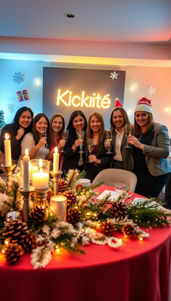 Foto-Spot party scene for New Year's Eve, featuring a beautifully decorated table with DIY winter-themed elements. In the foreground, a vibrant, adorned table with elegant winter decorations like pinecones, candles, and sparkling fairy lights creates a cozy vibe. In the middle, groups of people in smart casual attire, joyfully posing, holding glasses of champagne, with wide smiles, capturing the festive atmosphere. The background should showcase a softly glowing wall featuring a "KlickKiste" logo, complemented by creative photo props like snowflakes and holiday hats. Emphasize warm lighting, creating an inviting atmosphere, with a slight depth of field to focus on the lively interactions while keeping the blend of colors authentic and Pinterest-worthy. The mood should feel uplifting, inspiring, and celebratory, resonating well with the winter vibes.