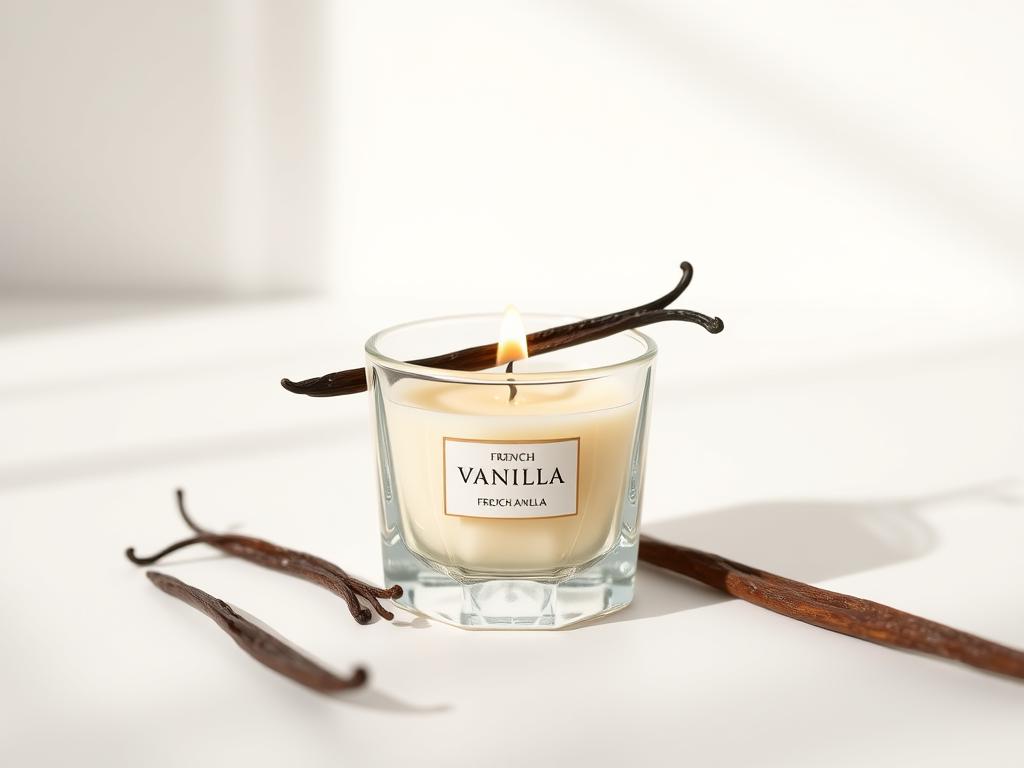French Vanilla Mini-Kerze in kleinem, elegantem Glasgefäß mit Vanilleschoten-Dekoration auf hellem Hintergrund