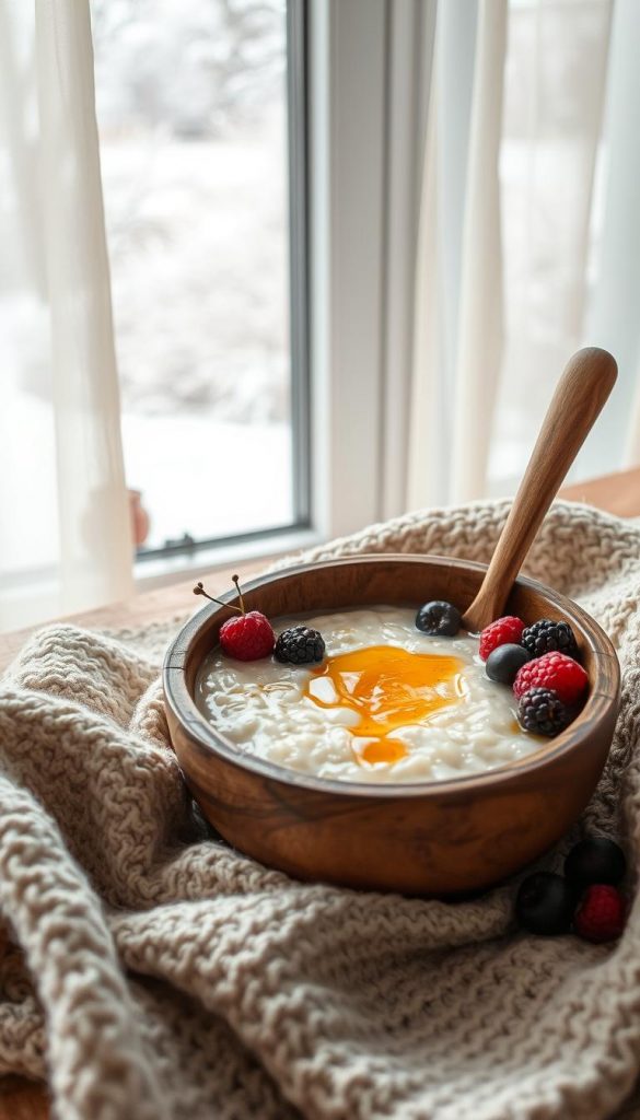 Frühstück porridge in a rustic wooden bowl, garnished with seasonal berries and a drizzle of golden honey. Soft natural light filters through sheer curtains, casting a warm glow over the scene. Cozy textures of knit blankets and worn wooden surfaces create a hygge atmosphere. In the background, a glimpse of snowy winter landscape through a frosty windowpane. Authentic and inspirational, this image evokes the comfort and simplicity of a nourishing winter breakfast. Frühstück porridge in a rustic wooden bowl, garnished with seasonal berries and a drizzle of golden honey. Soft natural light filters through sheer curtains, casting a warm glow over the scene. Cozy textures of knit blankets and worn wooden surfaces create a hygge atmosphere. In the background, a glimpse of snowy winter landscape through a frosty windowpane. Authentic and inspirational, this image evokes the comfort and simplicity of a nourishing winter breakfast.