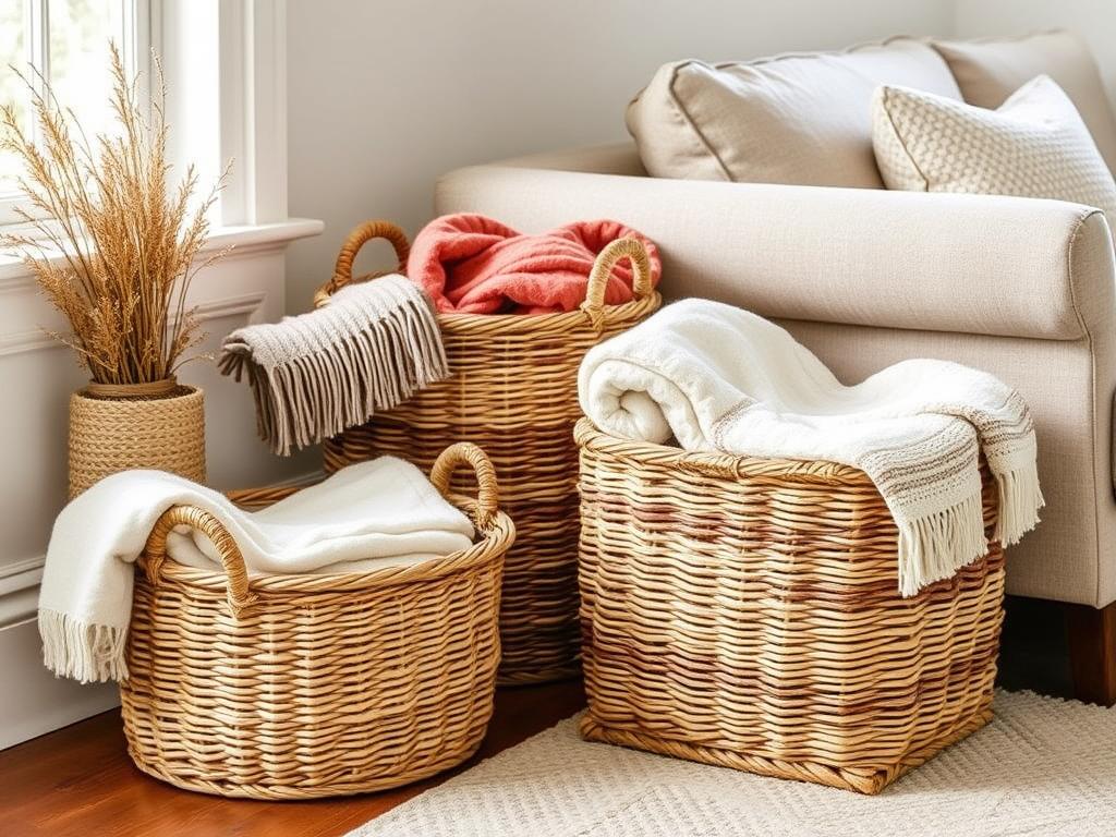Geflochtene Körbe mit Winterdecken neben einem Sofa