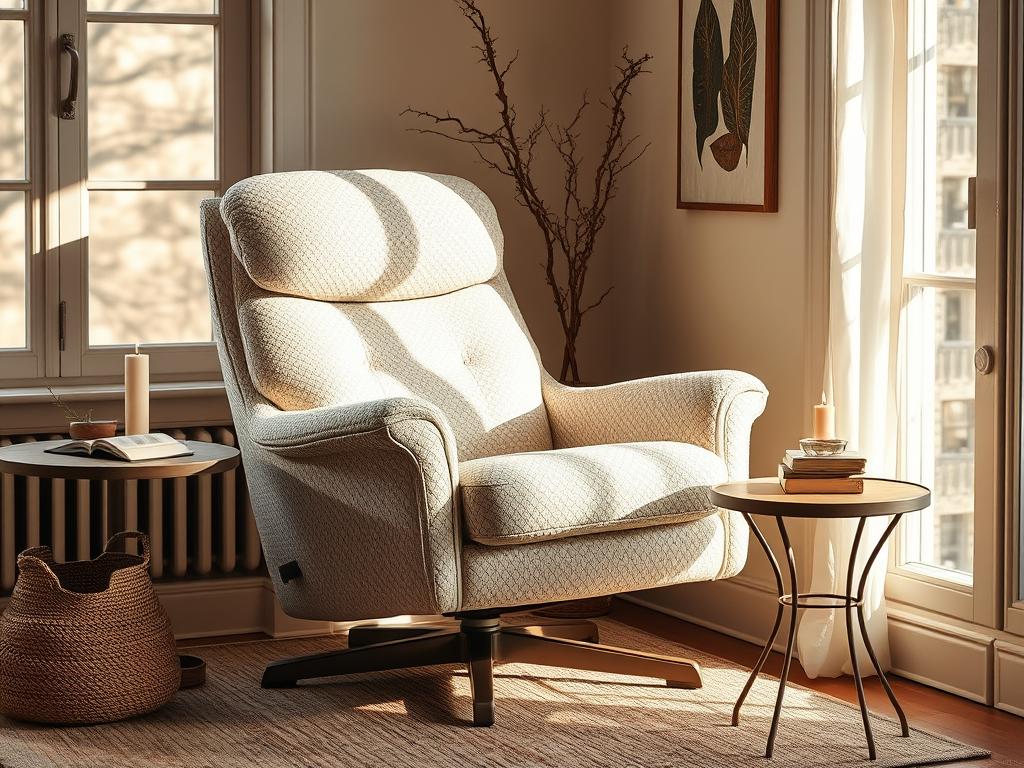 Gemütlicher Hygge Leseecken-Sessel mit Bouclé-Bezug in cremeweiß, ergonomischer Form und Fußstütze, daneben ein kleiner Beistelltisch mit Buch und Teelampe