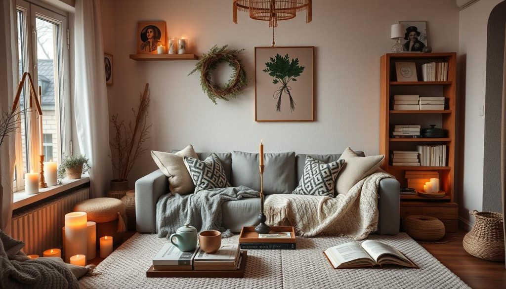 Gemütliches Hygge-Wohnzimmer mit verschiedenen Hygge-Elementen wie Kerzen, Decken und warmer Beleuchtung