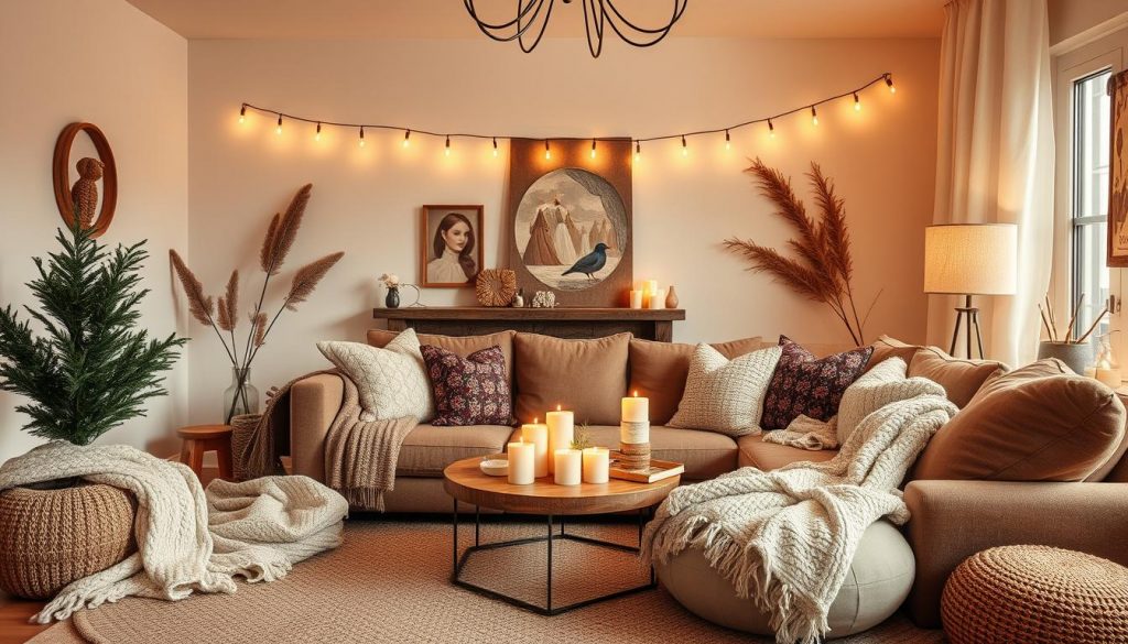 Gemütliches Wohnzimmer mit verschiedenen Cozy Winter Home Decor 2026 Elementen wie Textilien, Beleuchtung und Dekoration