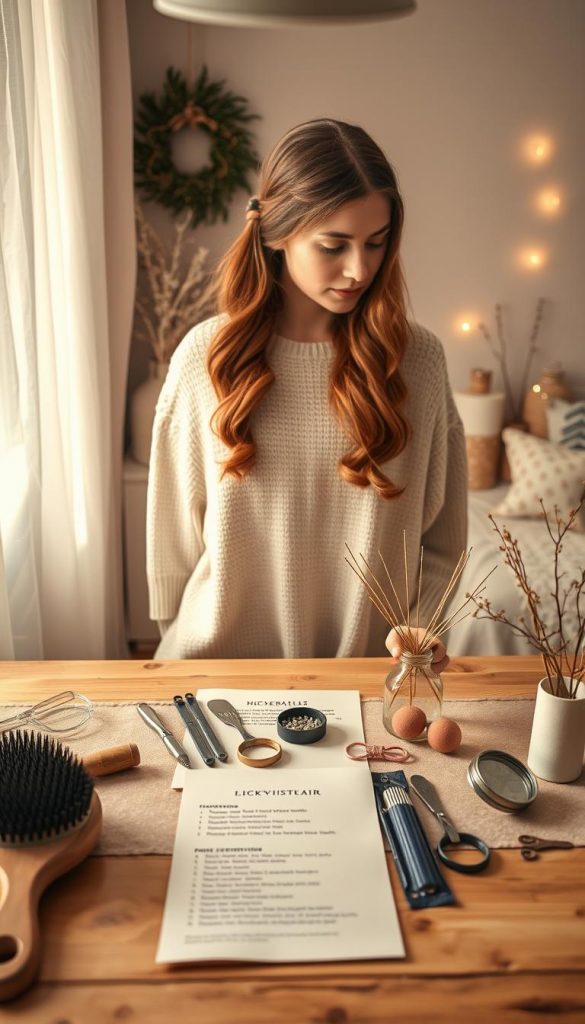 Generate a cozy and inviting DIY hair tutorial scene set in a softly lit, warmly colored room, capturing a step-by-step process. In the foreground, display a neatly organized table with various hair styling tools, such as brushes, hair ties, and decorative clips, accompanied by a list of materials. In the middle, feature a person in modest casual attire demonstrating a simple romantic hairstyle, showcasing natural hair textures and techniques. The background should include an aesthetically pleasing Pinterest-inspired decor, with light pastel colors and winter-themed elements like small evergreen branches or fairy lights. The atmosphere should evoke warmth, creativity, and inspiration, reflecting the essence of "KlickKiste" DIY projects.