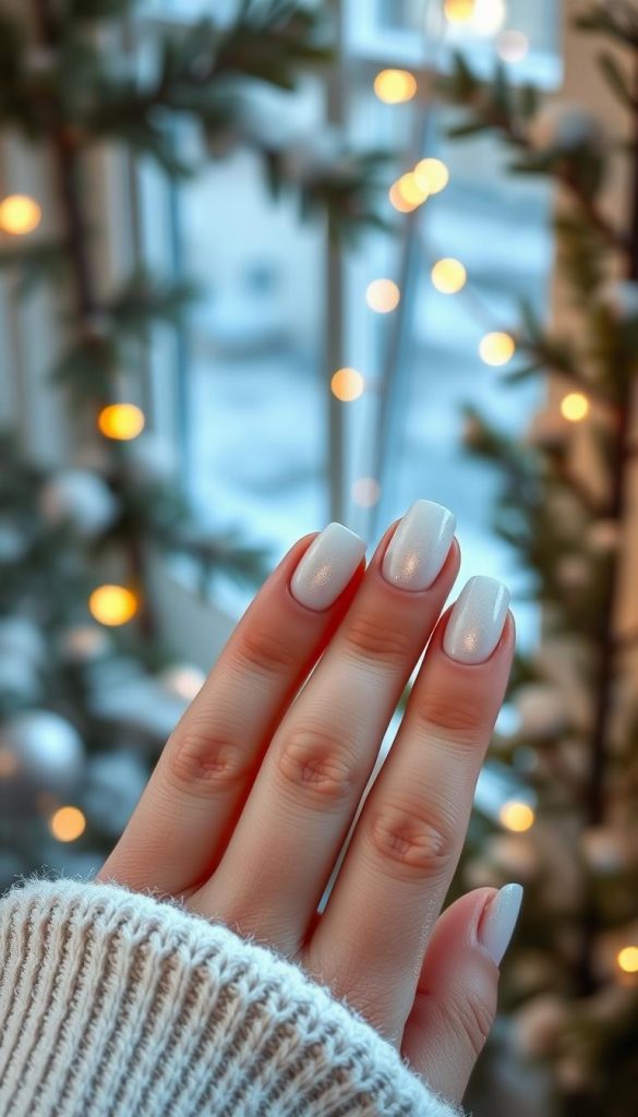 Glazed icy nails with a sleek, shimmering finish are the focus of this image, suitable for a modern winter-themed design. In the foreground, showcase a hand with short, well-groomed nails that feature a flawless glaze with icy undertones, reflecting soft light for a subtle glow. The middle layer should highlight a cozy, warmly-lit winter setting, perhaps with a softly blurred background of evergreen branches and twinkling fairy lights, creating an inviting atmosphere. Use natural light to emphasize the glossiness of the nails, shot at a slight angle to capture depth. The overall mood is clean, elegant, and inspiring, ideal for a Pinterest-worthy aesthetic. Include a signature branding element for "KlickKiste" subtly integrated into the scene, ensuring it complements rather than distracts from the nail design.