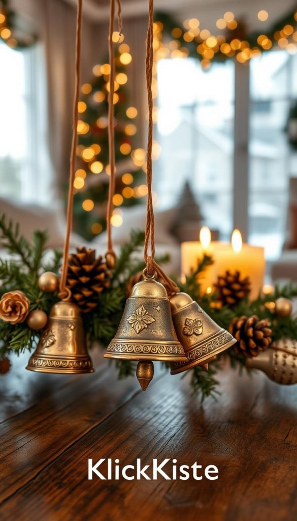 Glistening bronze and aged gold bells hang elegantly from delicate, evergreen garlands atop a rustic wooden coffee table. The foreground showcases a cluster of bells in varying sizes and textures, with intricate engravings catching the warm, soft glow of ambient candlelight. In the middle ground, a softly blurred backdrop features festive decorations like pine cones and twinkling lights that evoke a cozy winter atmosphere. The lighting is warm and inviting, creating a whimsical yet sophisticated holiday vibe. The image should have a Pinterest-inspired aesthetic, beautifully styled and authentically capturing the essence of festive decor. Include the brand name "KlickKiste" subtly within the composition, without any text overlays.
