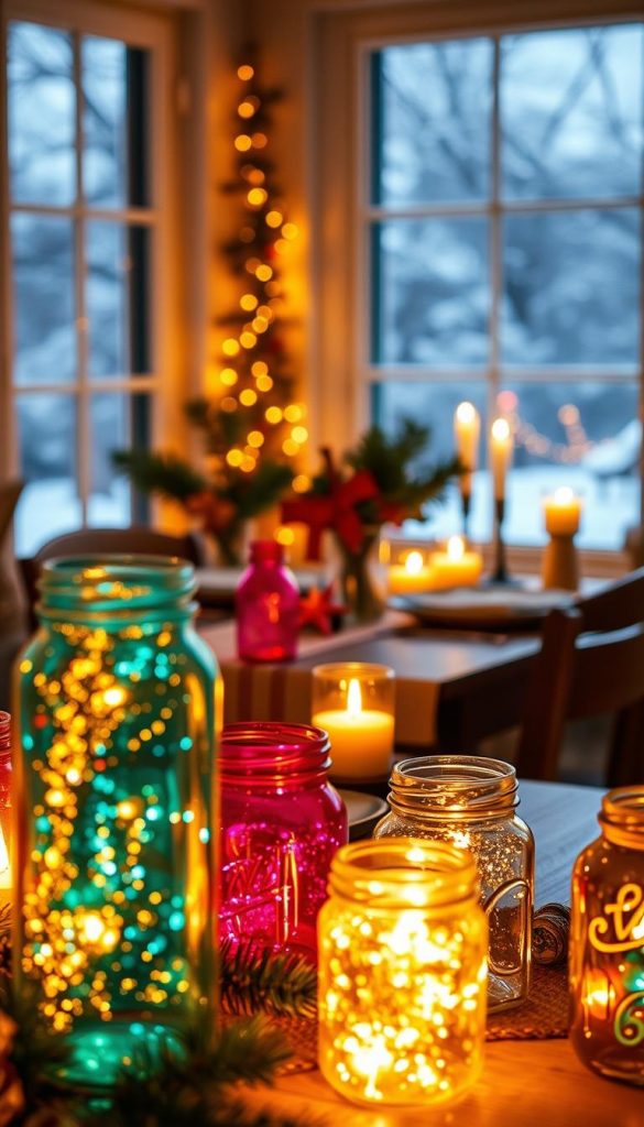 Glittering glass lights created from upcycled materials, showcasing a variety of repurposed glass jars and bottles. In the foreground, vibrant glass pieces shimmer in warm, cozy lighting, highlighted by soft reflections that evoke a sense of warmth and creativity. The middle layer features an intimate table setting adorned with festive decorations, including pine branches and candles, exuding winter vibes. In the background, a softly blurred window reveals a serene winter landscape with gentle snowfall, enhancing the tranquil atmosphere. The overall mood is inspiring and inviting, perfect for DIY holiday decor. The scene embodies the essence of natural DIY aesthetics, complete with a Pinterest-inspired layout, tagged with the brand "KlickKiste."