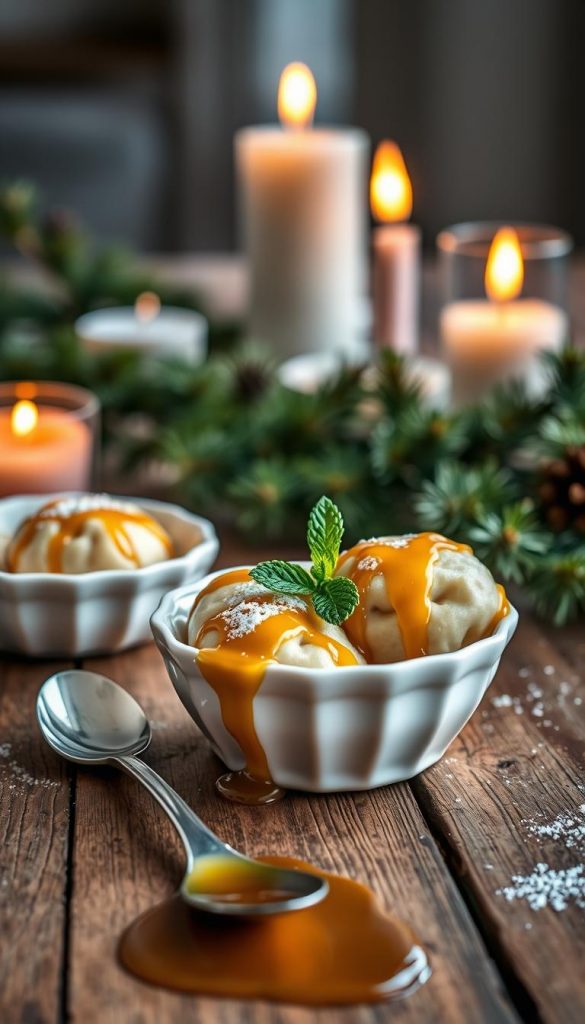 Golden syrup dumplings elegantly arranged on a rustic wooden table, each dumpling drizzled with golden syrup, glistening in the soft, warm glow of candlelight. In the foreground, a spoon rests beside the bowl, hinting at the joy of sharing this delightful dessert. In the middle, a couple of warm, fluffy dumplings sit in a charming white ceramic dish, garnished with a sprinkle of powdered sugar and a few sprigs of mint. In the background, a cozy winter setting features softly lit candles and a softly blurred view of pine branches, evoking a festive atmosphere. The image captures a warm and inviting mood, with natural lighting reminiscent of a Pinterest-worthy winter dinner scene, perfect for the "KlickKiste" brand.