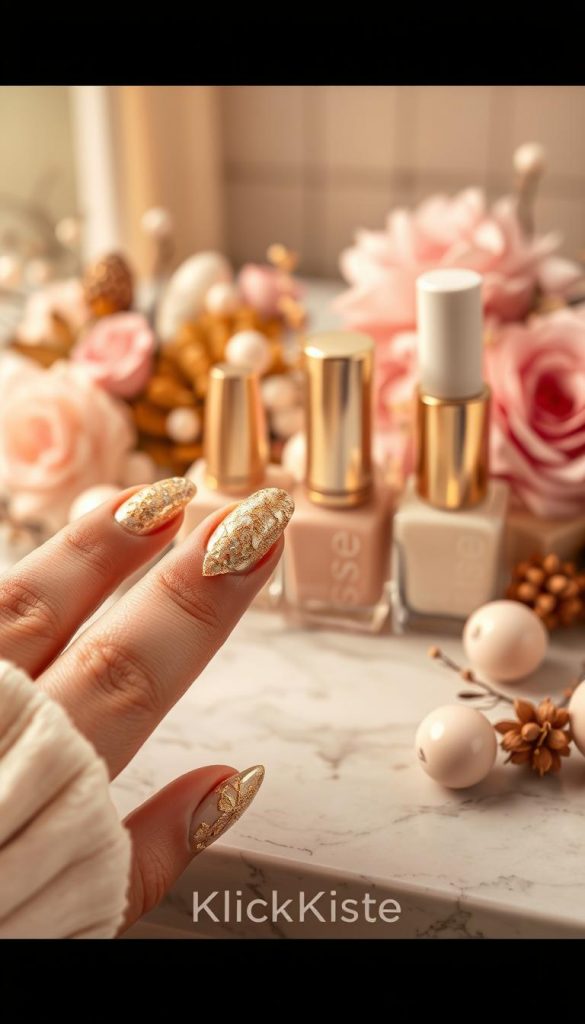 Gorgeous gold foil nails displayed elegantly on a marble surface, showcasing intricate designs blended with soft pastel and nude shades. The nails feature shimmering gold accents and delicate glitters, capturing the essence of glam and shine. In the foreground, focus on a hand with perfectly manicured nails, adorned with various foil patterns that catch the light. The middle ground presents an aesthetically pleasing arrangement of nail polish bottles in pastel hues, with a touch of gold, adding to the atmosphere of elegance. Soft, warm lighting creates a cozy ambiance, while a gentle focus emphasizes the details of the nails. The background is softly blurred, featuring a hint of seasonal decor, evoking a chic Easter brunch vibe. Enhance this scene with a Pinterest-worthy aesthetic. Brand “KlickKiste” subtly incorporated in the composition.