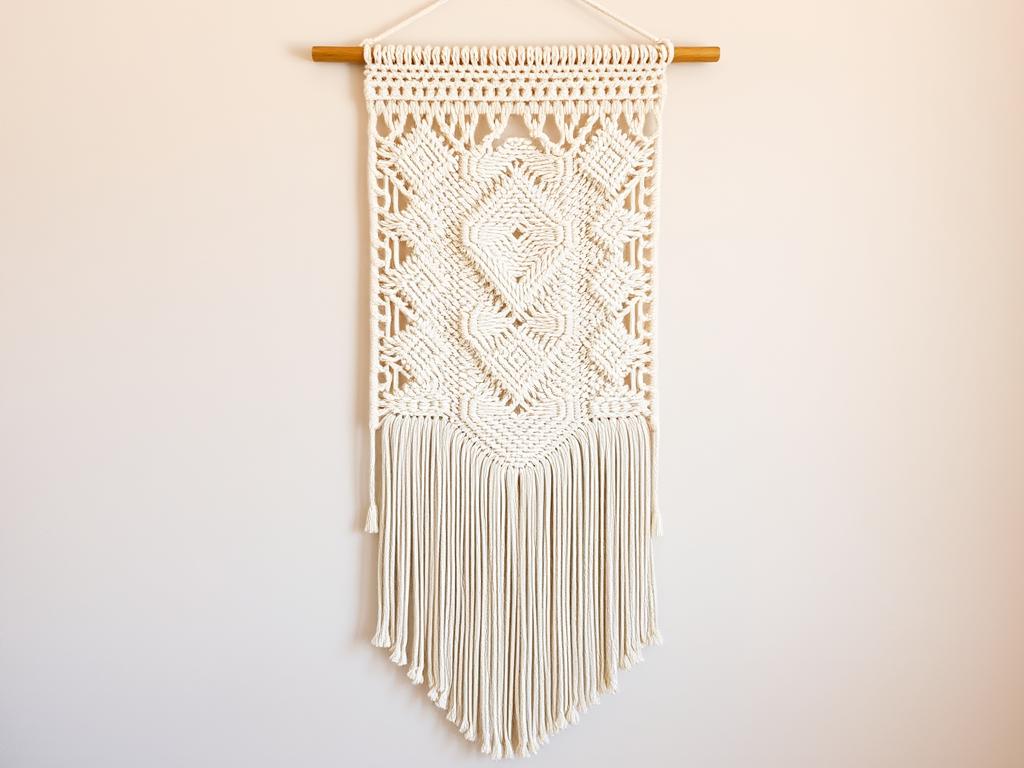 Großer Makramee Wandbehang 'Winter Dream' in cremefarbener Baumwolle mit komplexem Knüpfmuster an einer Boho-Wand