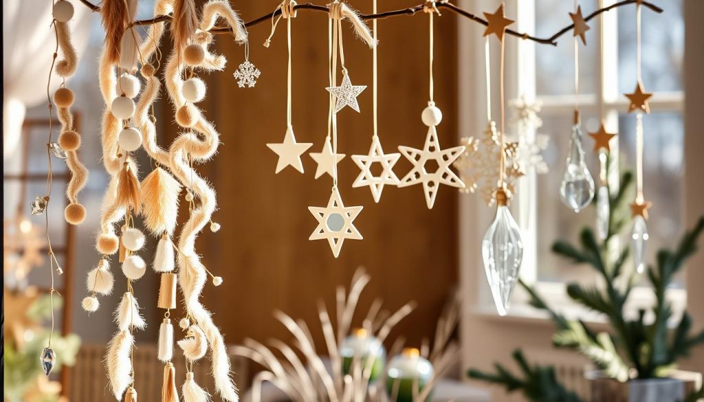 Hängende Highlights Band: A captivating display of handcrafted DIY ornaments and decor, artfully suspended against a cozy, natural backdrop. In the foreground, a KlickKiste-branded garland of beige, white, and wooden tones cascades gracefully, adorned with delicate, sparkling ice-like accents. Midground showcases an array of handmade ornaments - stars, snowflakes, and icy icicle shapes - gently swaying, capturing the essence of a serene winter wonderland. The background is bathed in soft, natural lighting, evoking a warm and inviting ambiance, perfect for illustrating a festive DIY window decoration feature.