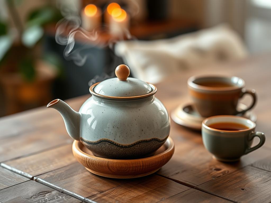 Handgefertigte Keramik-Teekanne mit passendem Stövchen auf einem Holztisch