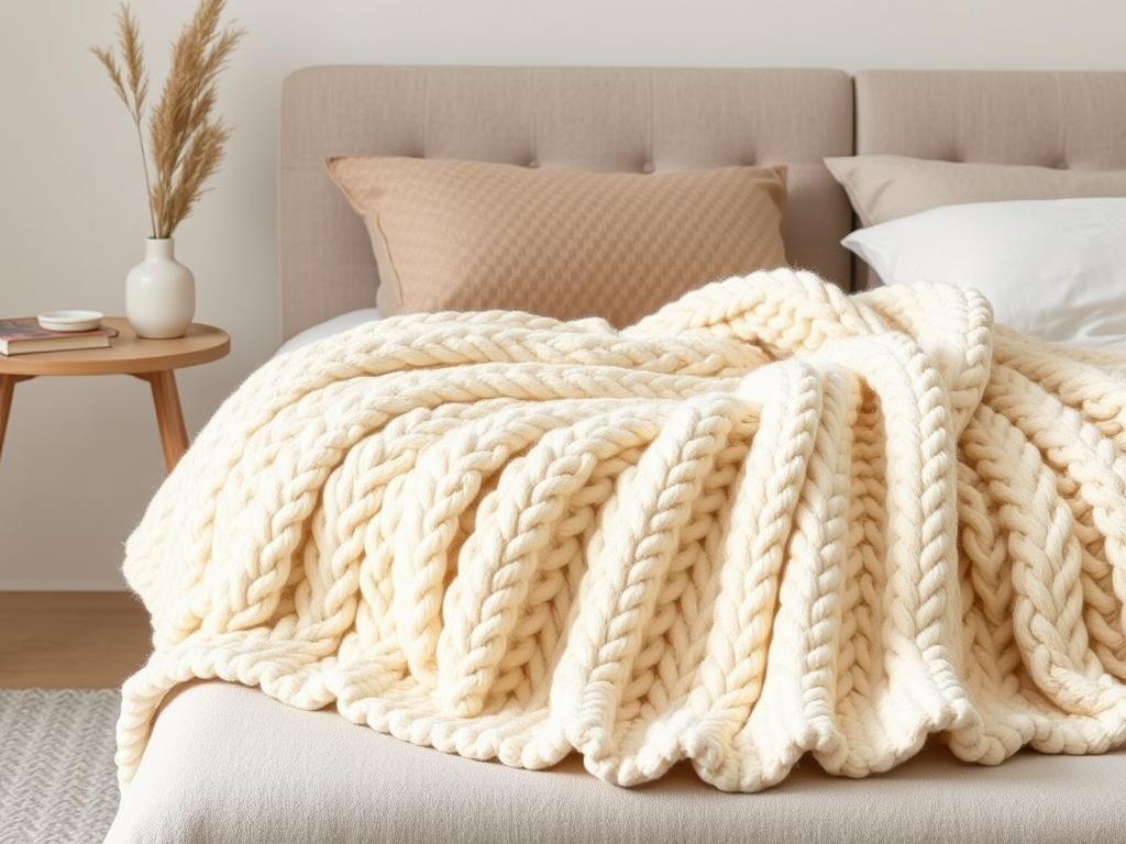 Handgestrickte Cozy Collection Decke in cremeweiß auf einem Bett