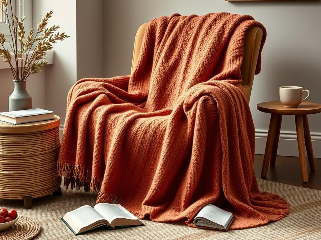 Handgewebte Hygge Wohlfühldecke aus Bio-Baumwolle in warmen Erdtönen, über einen Sessel drapiert mit einem Buch und einer Tasse Tee daneben