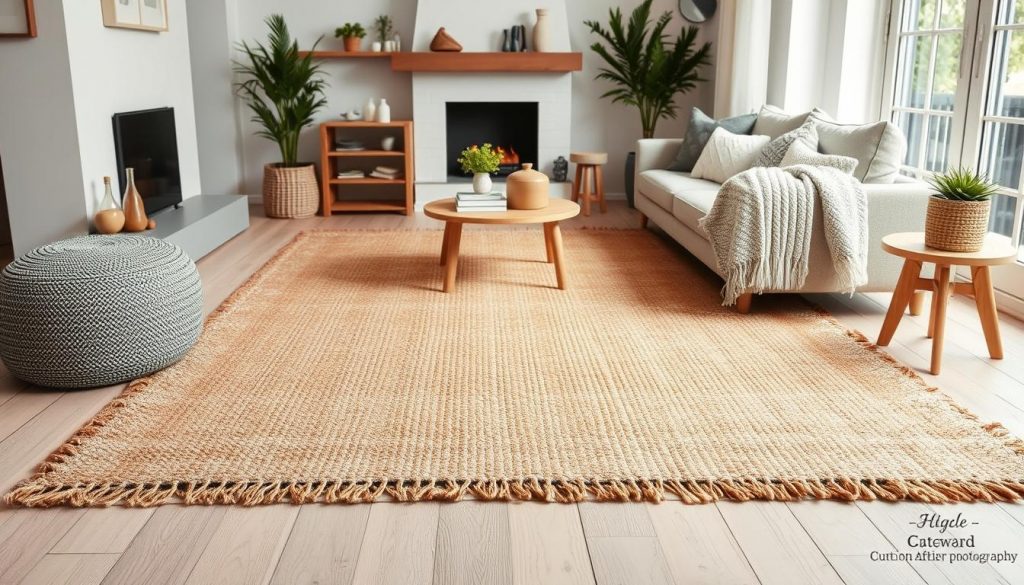 Handgewebter Naturfaser-Teppich aus Schurwolle in warmen Erdtönen mit skandinavischem Muster in einem gemütlich eingerichteten Wohnzimmer