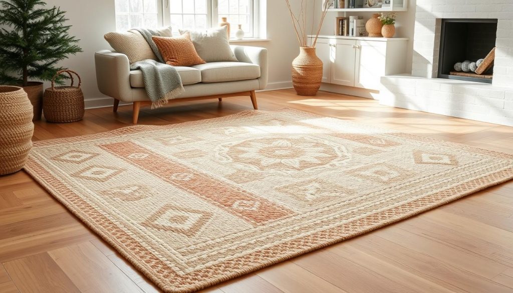 Handgewebter Wollteppich Fjord in einem skandinavischen Wohnzimmer als Teil der Cozy Winter Home Decor 2026 Trends