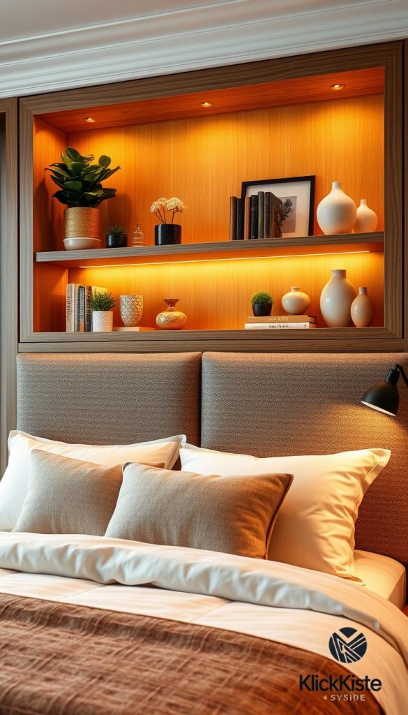 Headboard alcove shelves styled with natural wood, elegantly designed for a classy bedroom. The foreground features a plush, inviting bed with a luxurious textured headboard, adorned with soft, cozy pillows. Above the bed, the alcove shelves are filled with curated decor items, including potted plants, decorative books, and elegant vases, conveying a boutique display. The middle layer showcases warm, ambient lighting that enhances the wood tones and creates a cozy atmosphere, reminiscent of a luxury hotel suite. The background reflects a serene, inviting color palette with soft winter vibes. Shot with a warm filter to evoke comfort, this image embodies authenticity and inspiration, ideal for a stylish, organized bedroom aesthetic. Include a subtle logo for KlickKiste in the corner.